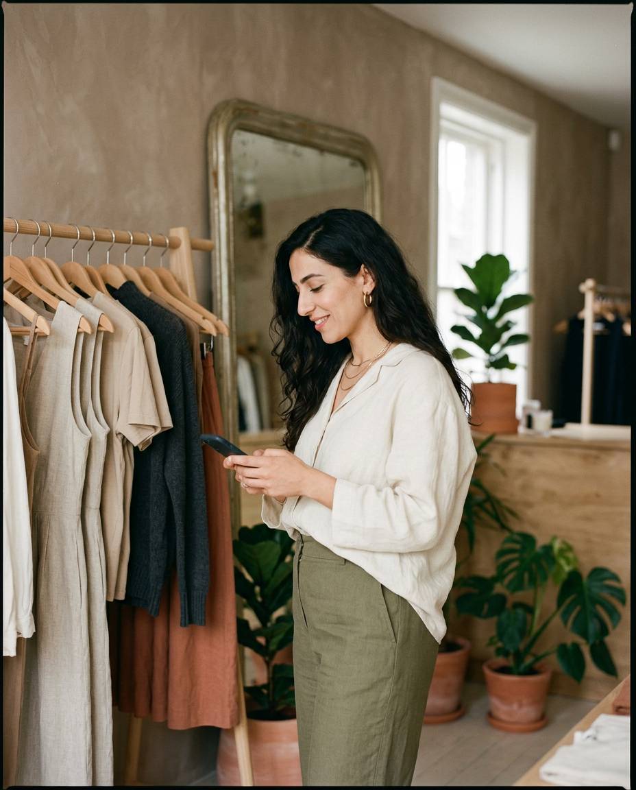 Boutique owner looking at her phone next to a clothing rail