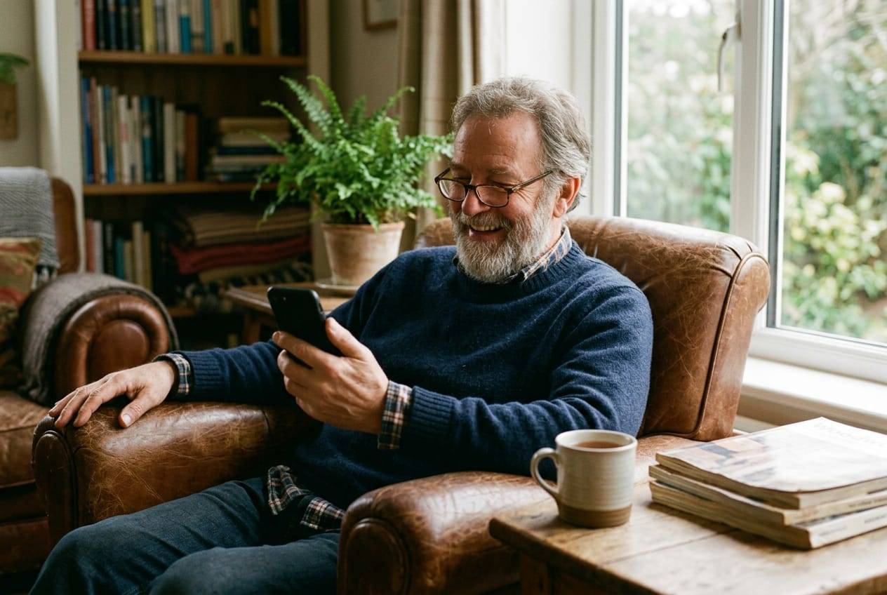 Older man in an armchair at home smiling as he reads replies on his phone