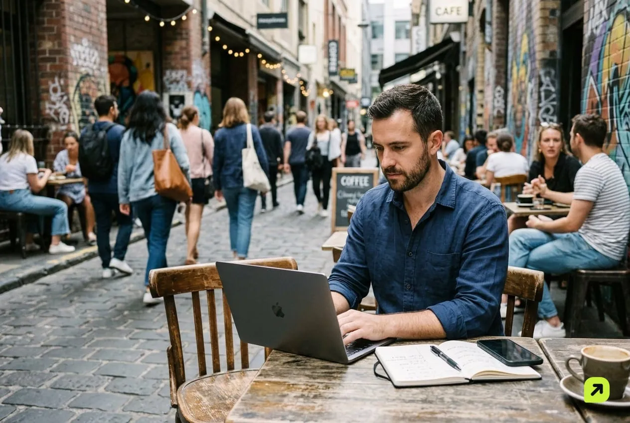 Man at a cafe table with a laptop and a notebook weekly calendar, phone lying face down