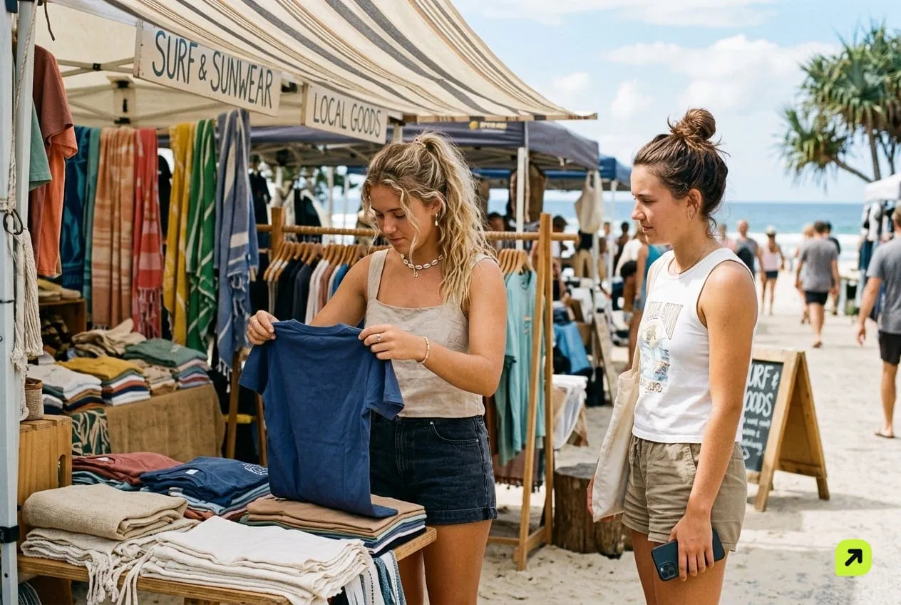 Two women at a beachside market stall, one holding a phone turned away while the other folds a t-shirt