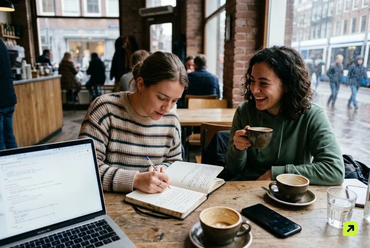 Two friends at a cafe table drafting captions in two columns on paper with a phone face down beside coffee cups