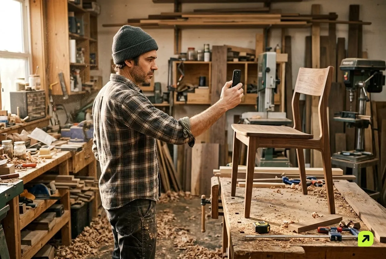 Woodworker photographing a finished wooden chair in his studio with a phone held out, screen facing away