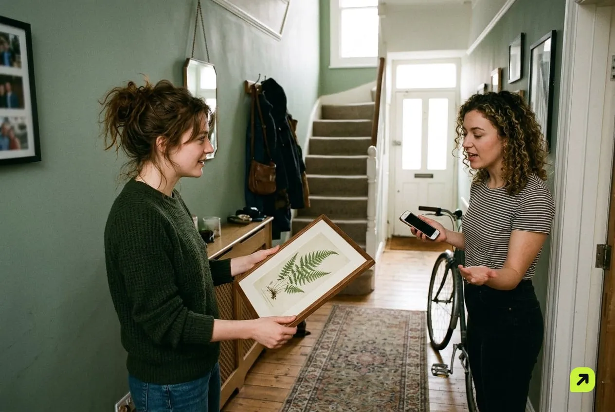 Two friends in a terraced-house hallway, one holding a framed print and the other a phone turned away from the camera