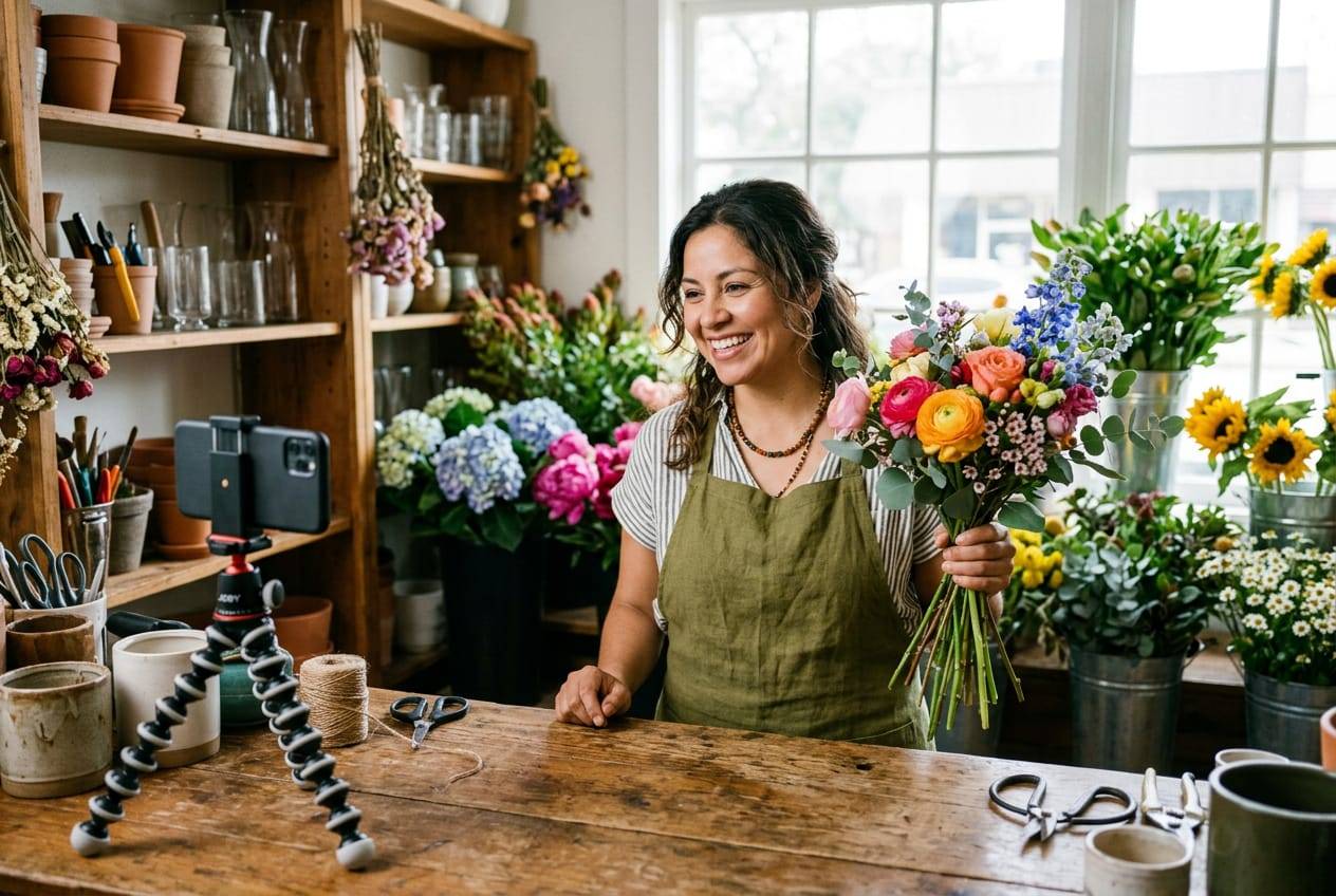 Florist smiling with a fresh bouquet at her shop counter while a phone on a small tripod records her