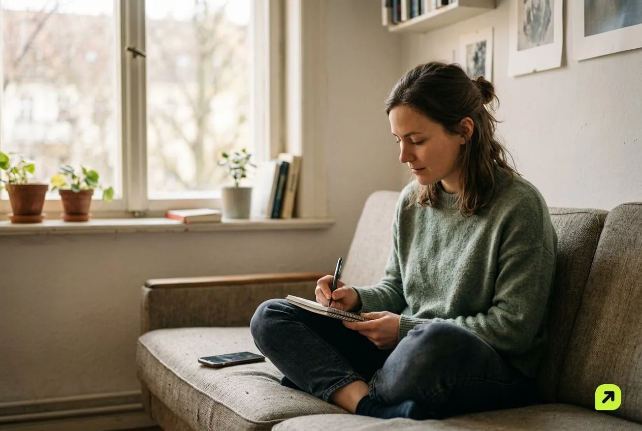 Woman on a sofa writing numbers in a notebook with her phone face down beside her