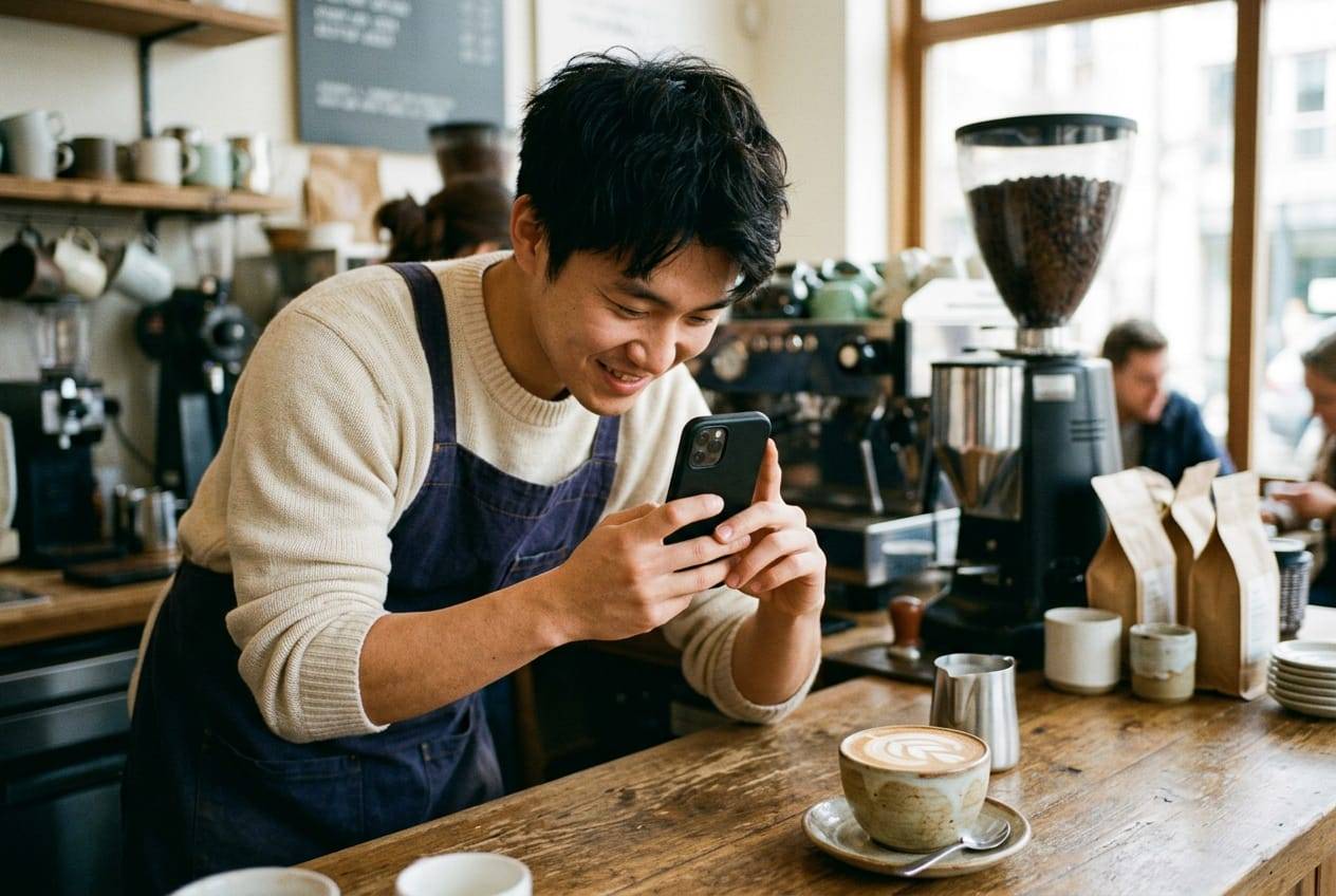 Barista leaning over the café counter to photograph his latte art with a phone
