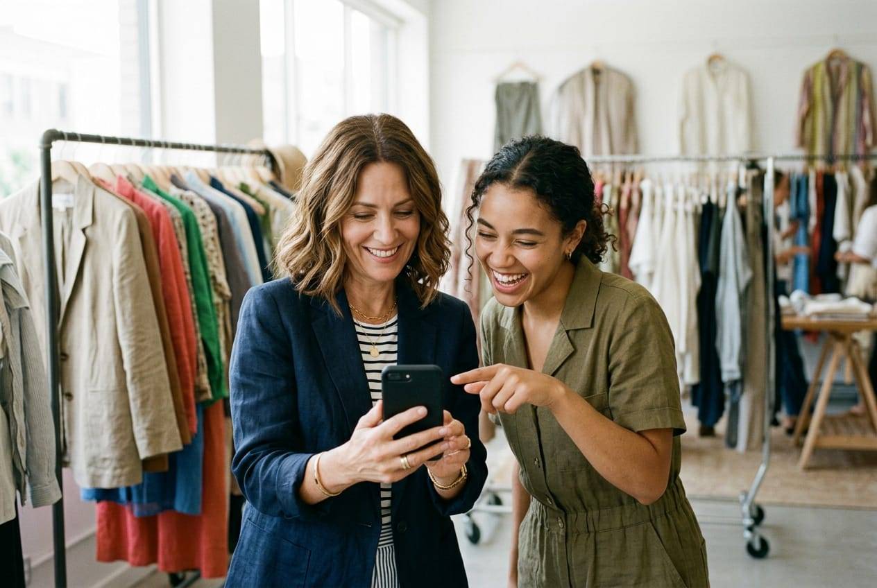 Two women in a clothing showroom grinning and pointing at a post on a phone
