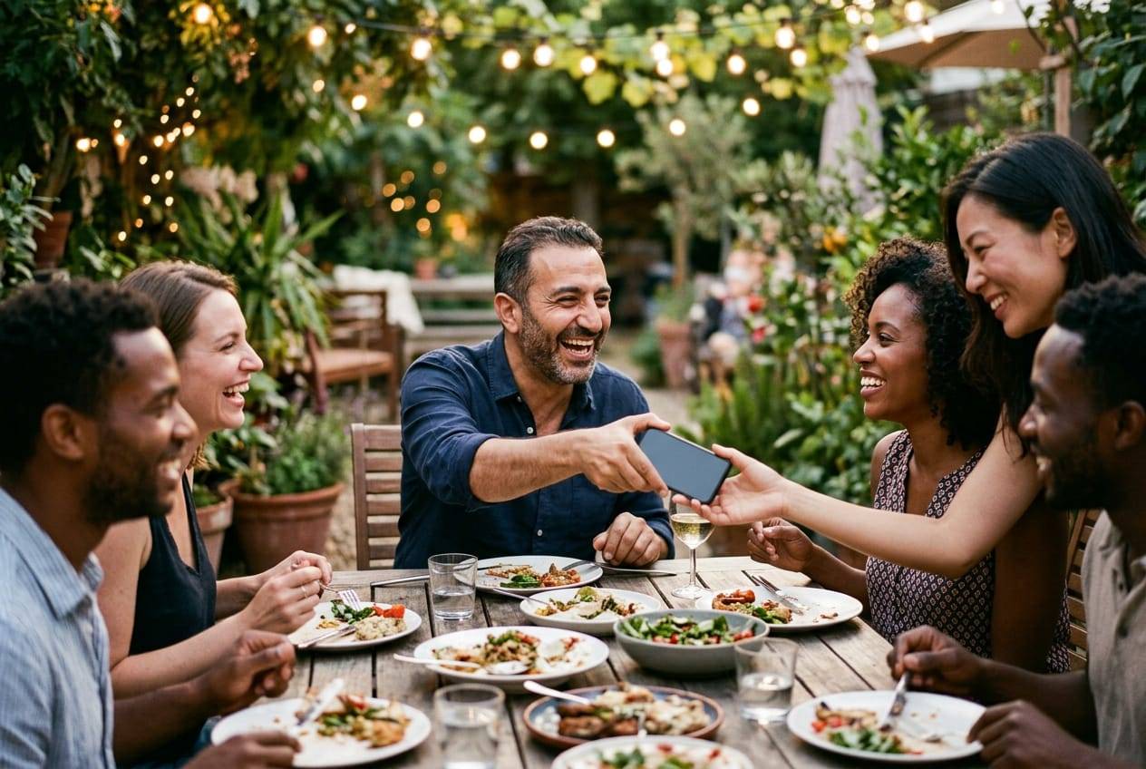 Friends at a garden dinner table at dusk passing a phone across to show a post