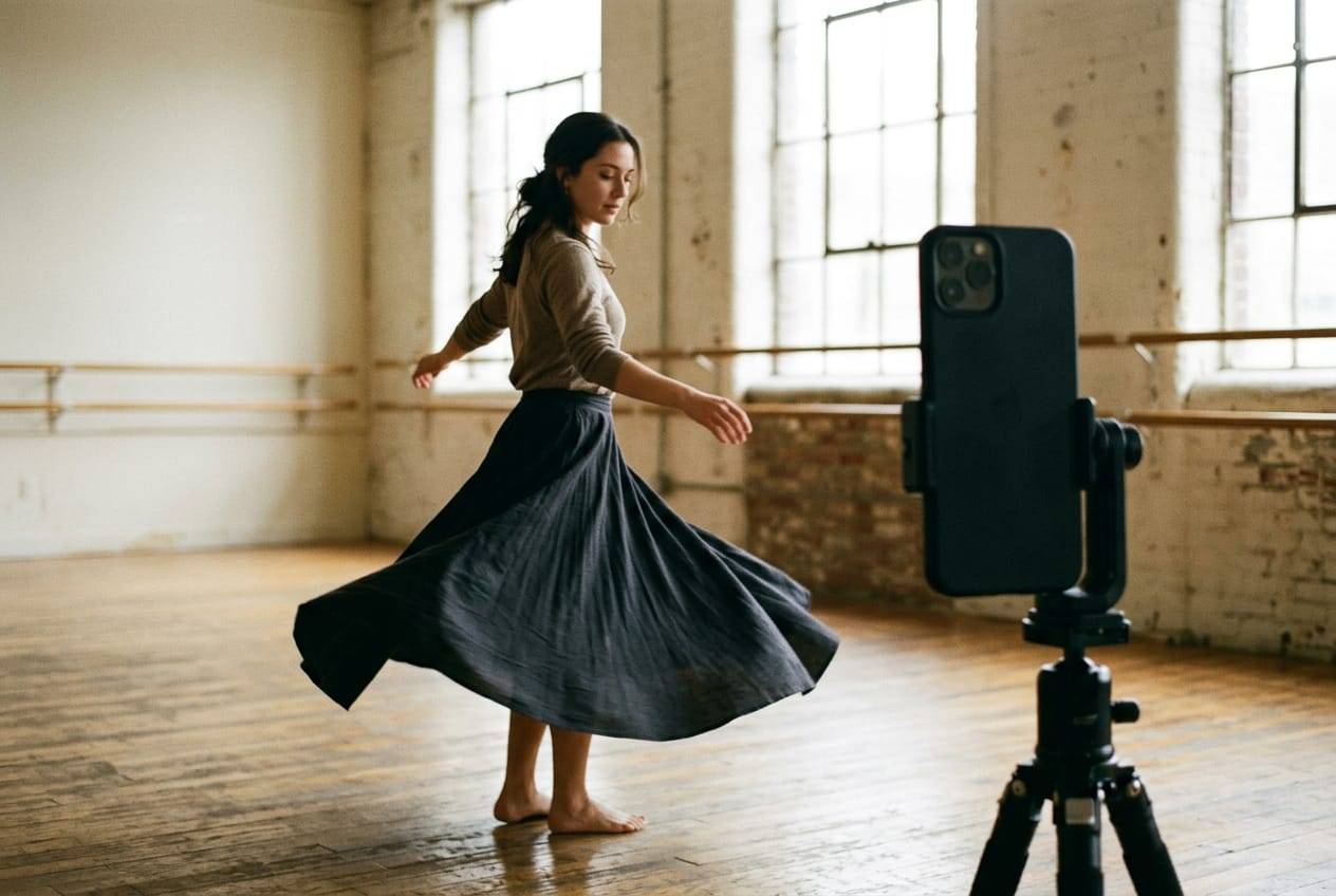 Dancer mid-spin in a sunlit studio, filming a short video on a phone mounted on a tripod