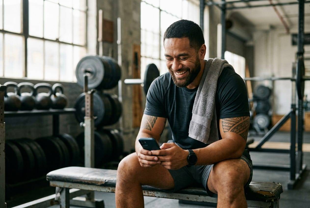 Personal trainer on a gym bench with a towel on his shoulder, smiling as he reads replies on his phone