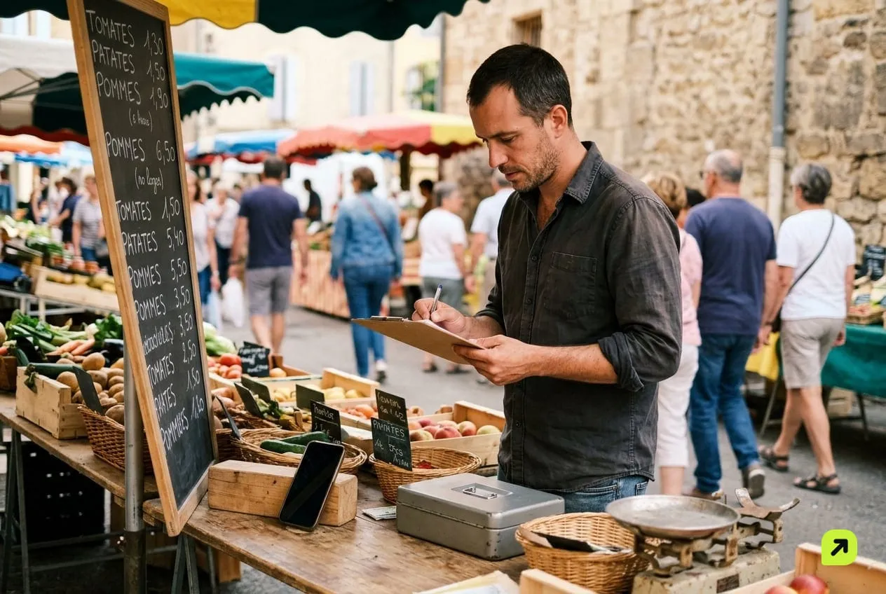 Man at a market stall checking a clipboard against a handwritten price board, phone propped up facing away