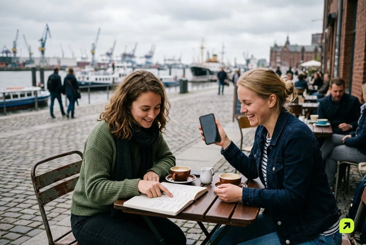 Two friends at a cafe table planning content, one holding a phone turned away from the camera, notebook open