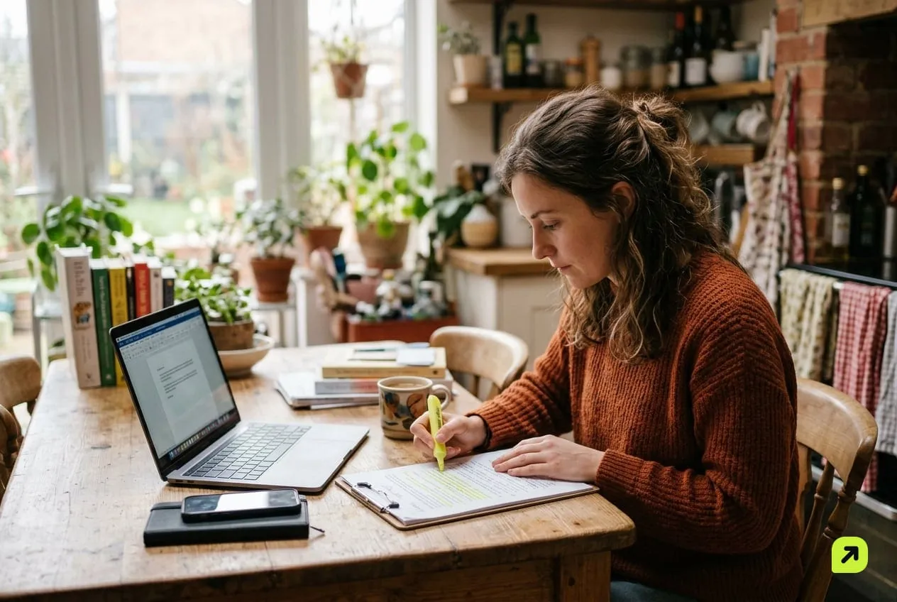 Woman at a kitchen table highlighting a printed page next to a laptop, phone face down beside it