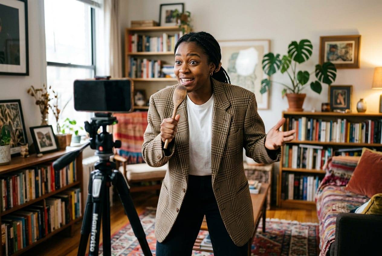 Creator in a tweed blazer acting out a comedy sketch with a wooden spoon in front of a phone on a tripod