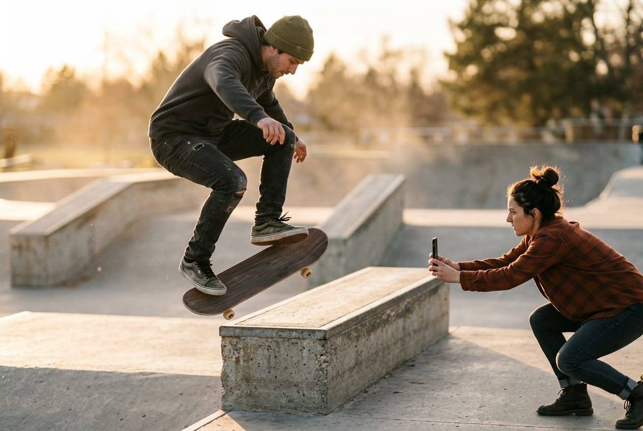 Skateboarder jumping a concrete ledge at sunset while a crouching friend films him on a phone