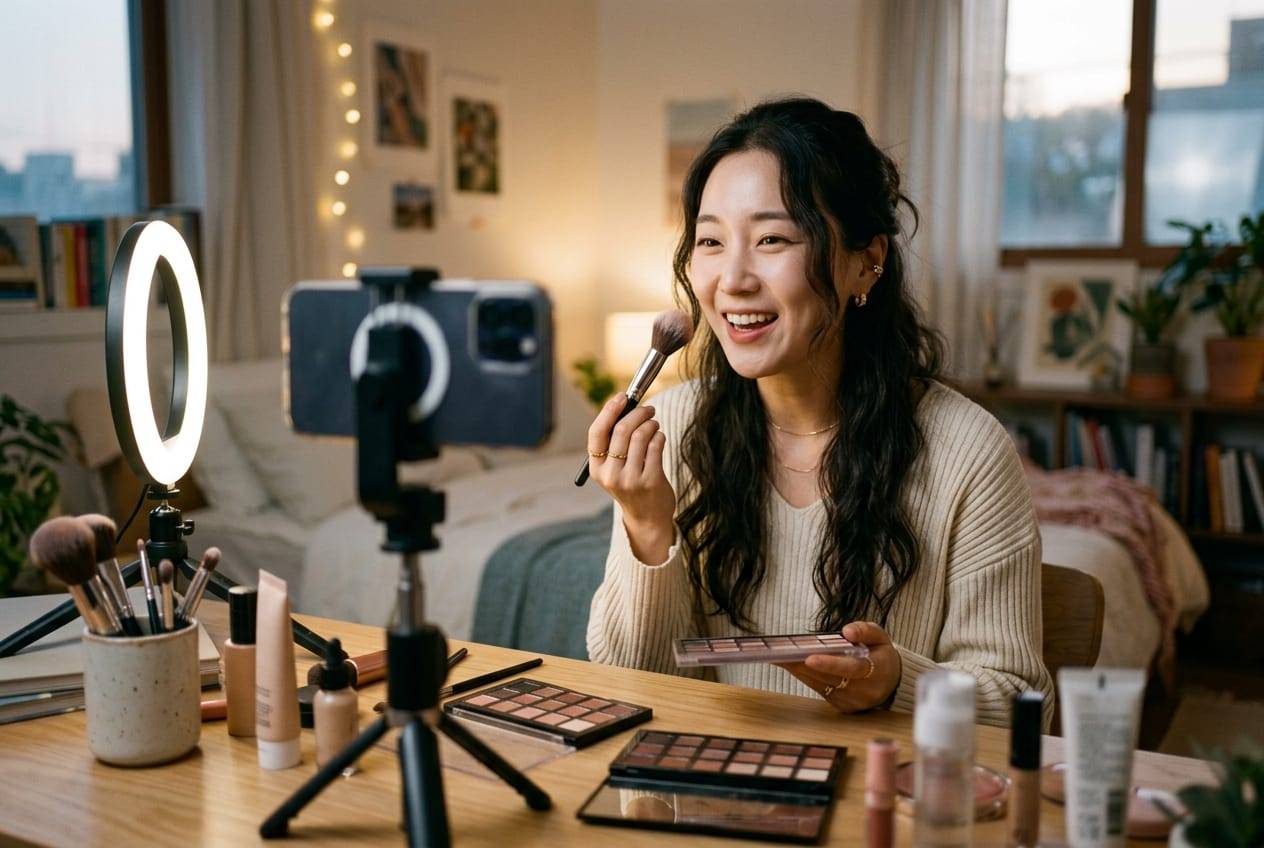 Creator hosting a live makeup tutorial at her vanity, talking to a phone on a stand beside a ring light