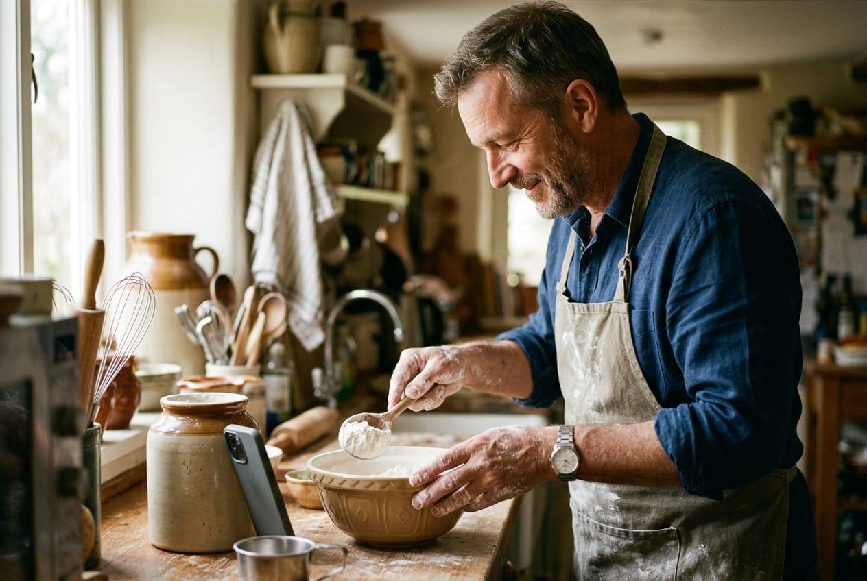 Man measuring flour into a bowl while following a recipe on a phone propped against a jar