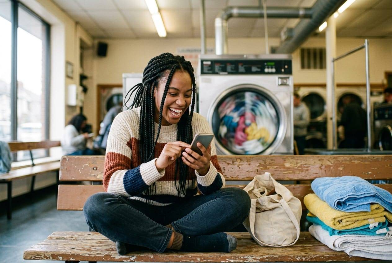 Woman laughing at her phone on a laundromat bench as she sends a clip to a friend