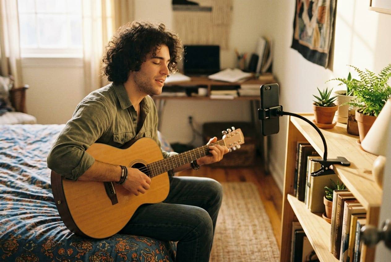 Musician singing with an acoustic guitar on his bed, recording to a phone on a gooseneck clamp