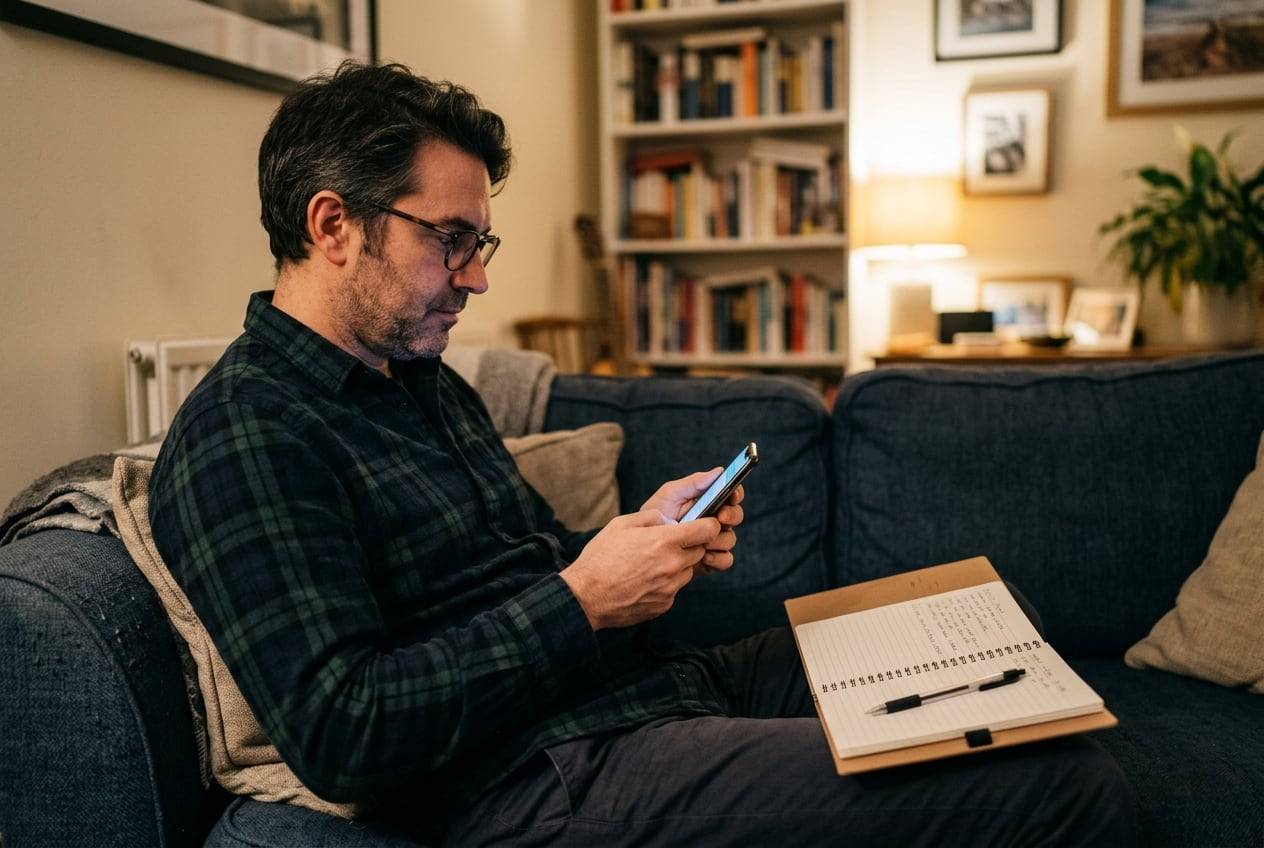 Man with glasses on a sofa saving a long thread on his phone to read later