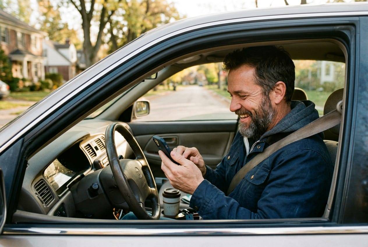 Man in a parked car laughing as he reads replies to his post on his phone