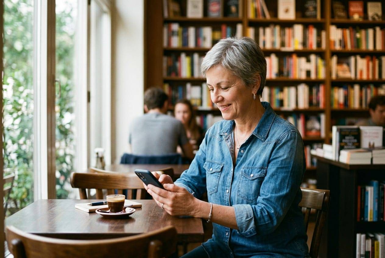 Grey-haired columnist in a bookshop café typing a post on her phone