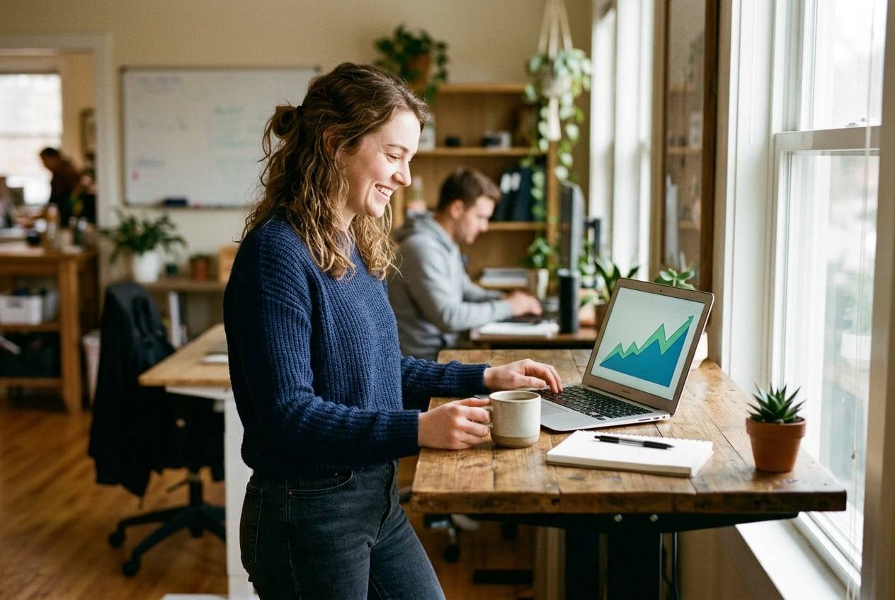 Marketing analyst at a standing desk smiling at a rising chart on her laptop