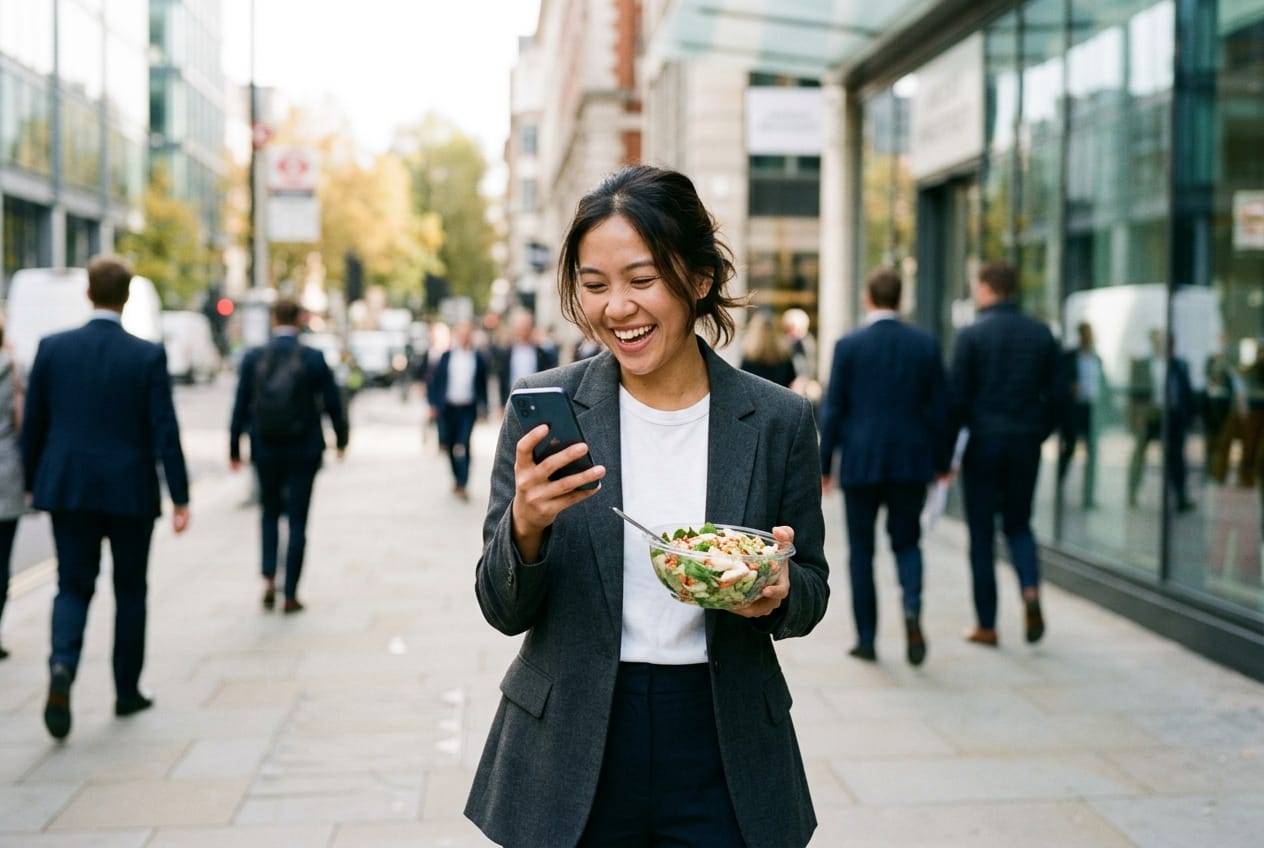 Founder on a city sidewalk at lunch smiling at her phone, takeaway salad in hand