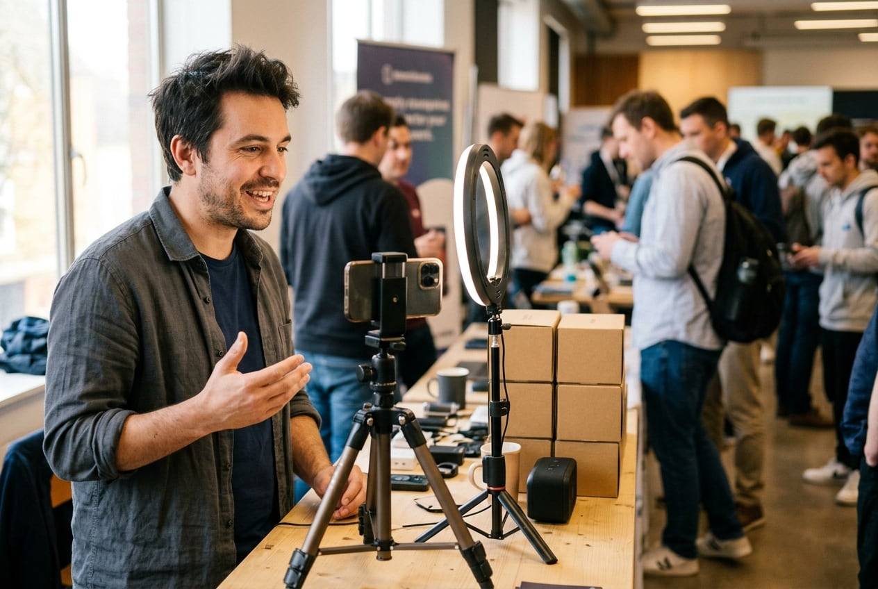 Founder going live from a product launch table with his phone on a small tripod