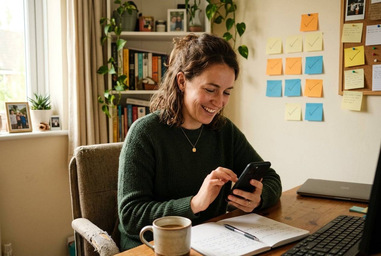 Community manager in a home office tapping a vote on her phone with a curious smile