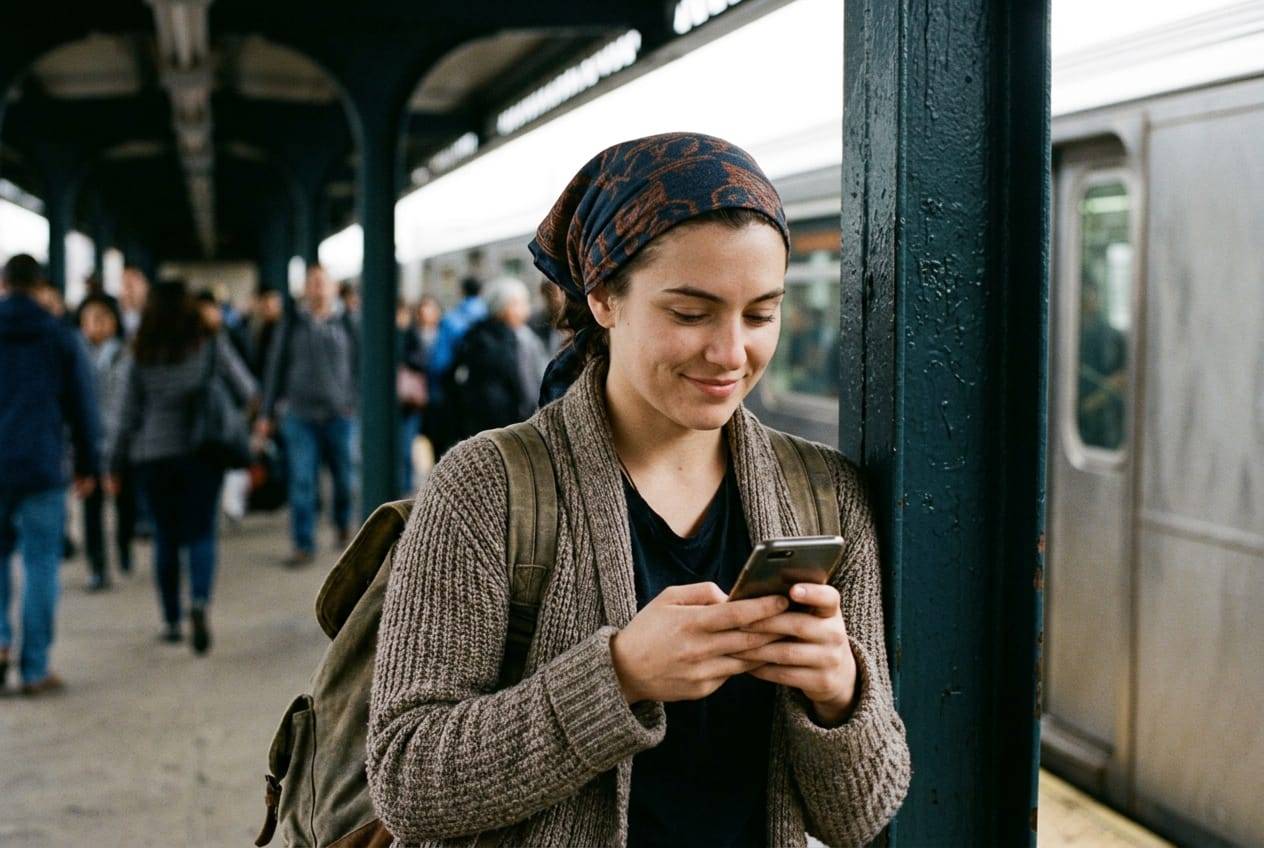 Woman in a headscarf on a train platform smiling as she reposts something from her phone