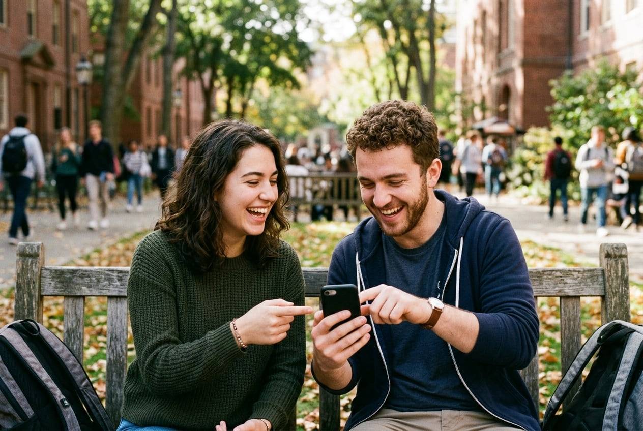 Two friends in a campus courtyard laughing as one sends a post on to a group chat