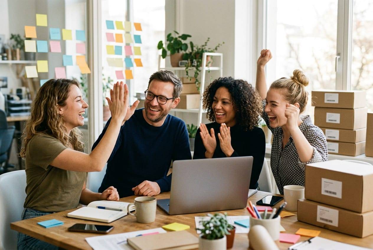 Small brand team high-fiving around a laptop on launch day, surrounded by product boxes