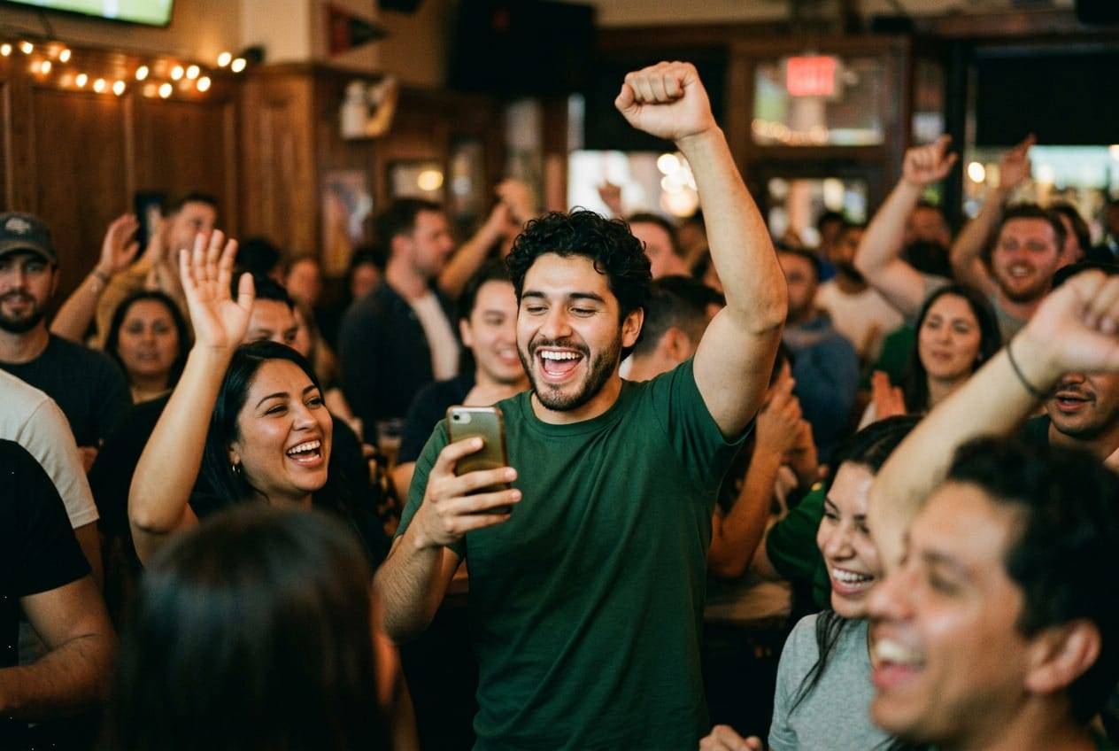 Fan cheering in a crowded sports bar with one fist raised while posting on his phone