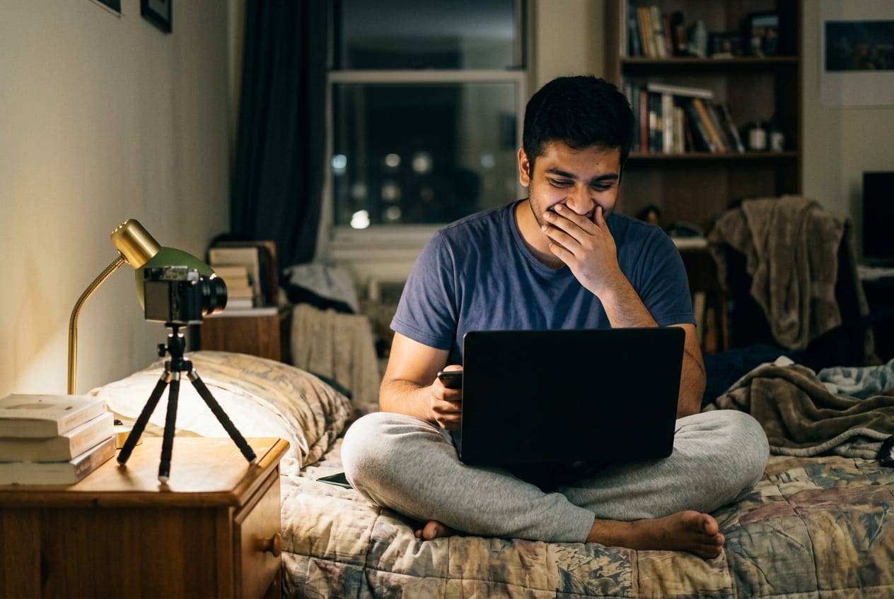 Young man on his bed at night laughing as he reads viewer comments on his laptop