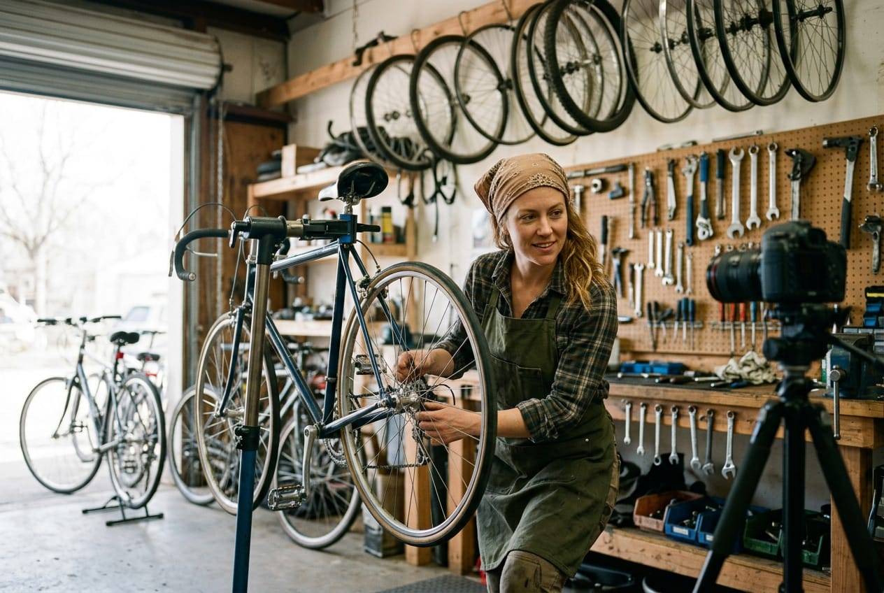 Bike mechanic recording a repair tutorial in her workshop with a camera on a tripod