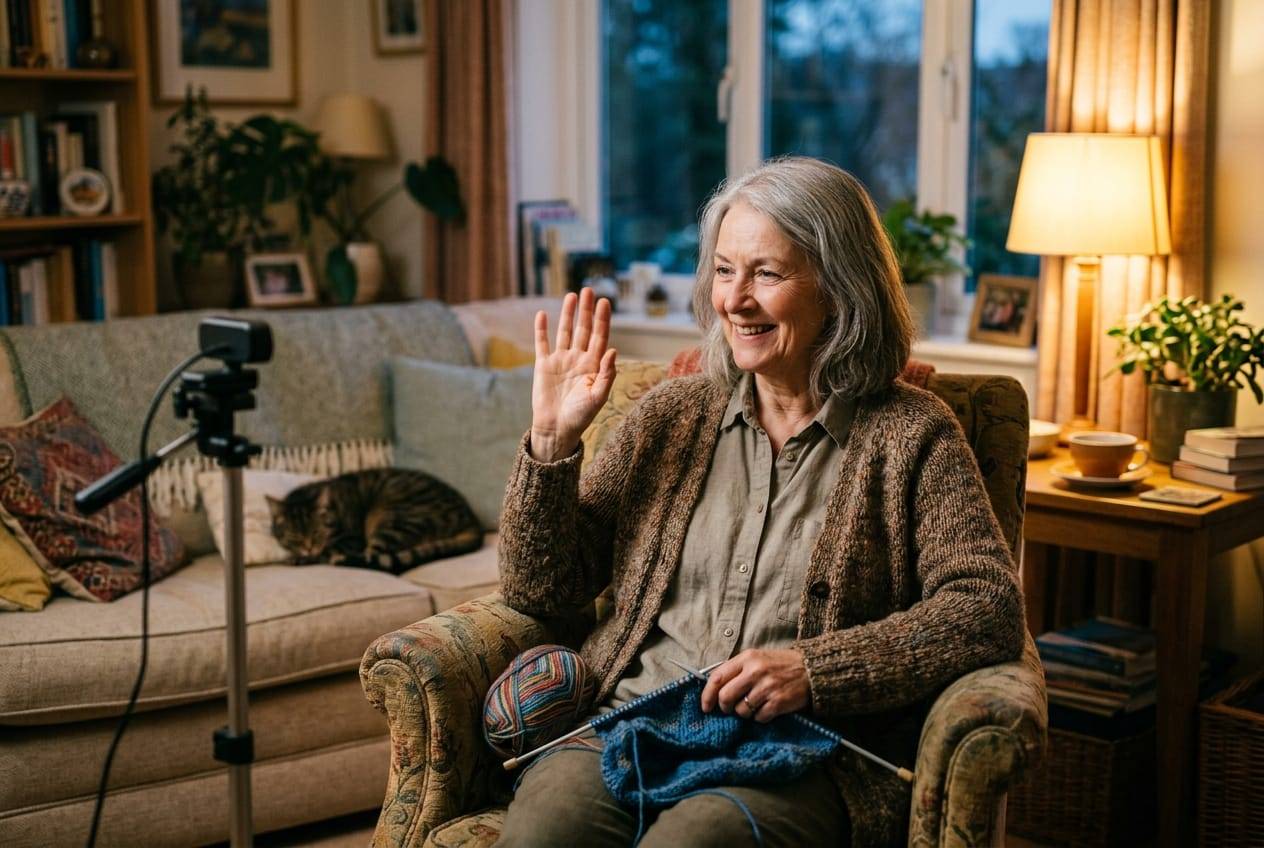 Silver-haired woman knitting in an armchair and waving to her live audience through a webcam