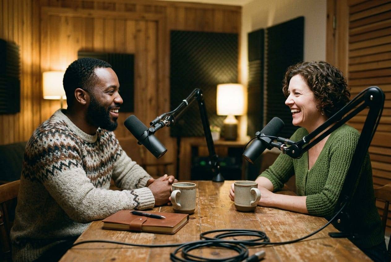Two podcast hosts laughing across a wooden table while recording a video podcast