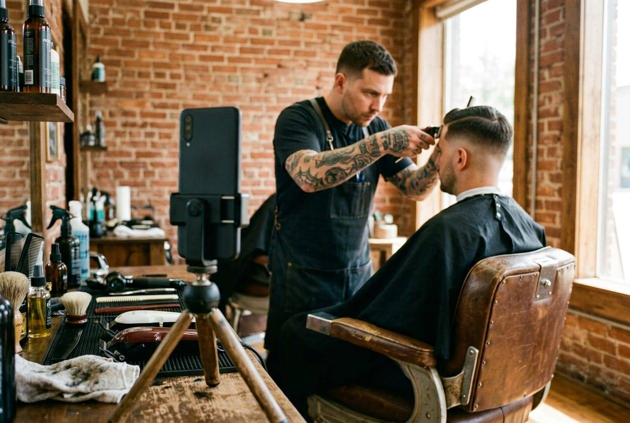 Barber finishing a fade haircut while a phone on a mini tripod records a short vertical clip