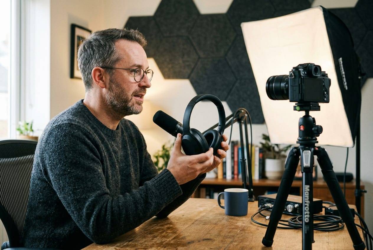Reviewer in glasses holding up headphones as he explains them to a camera in his home studio