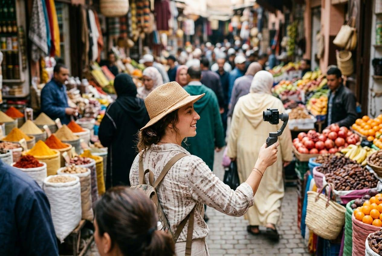 Travel vlogger in a sun hat filming herself on a gimbal camera in a busy spice market