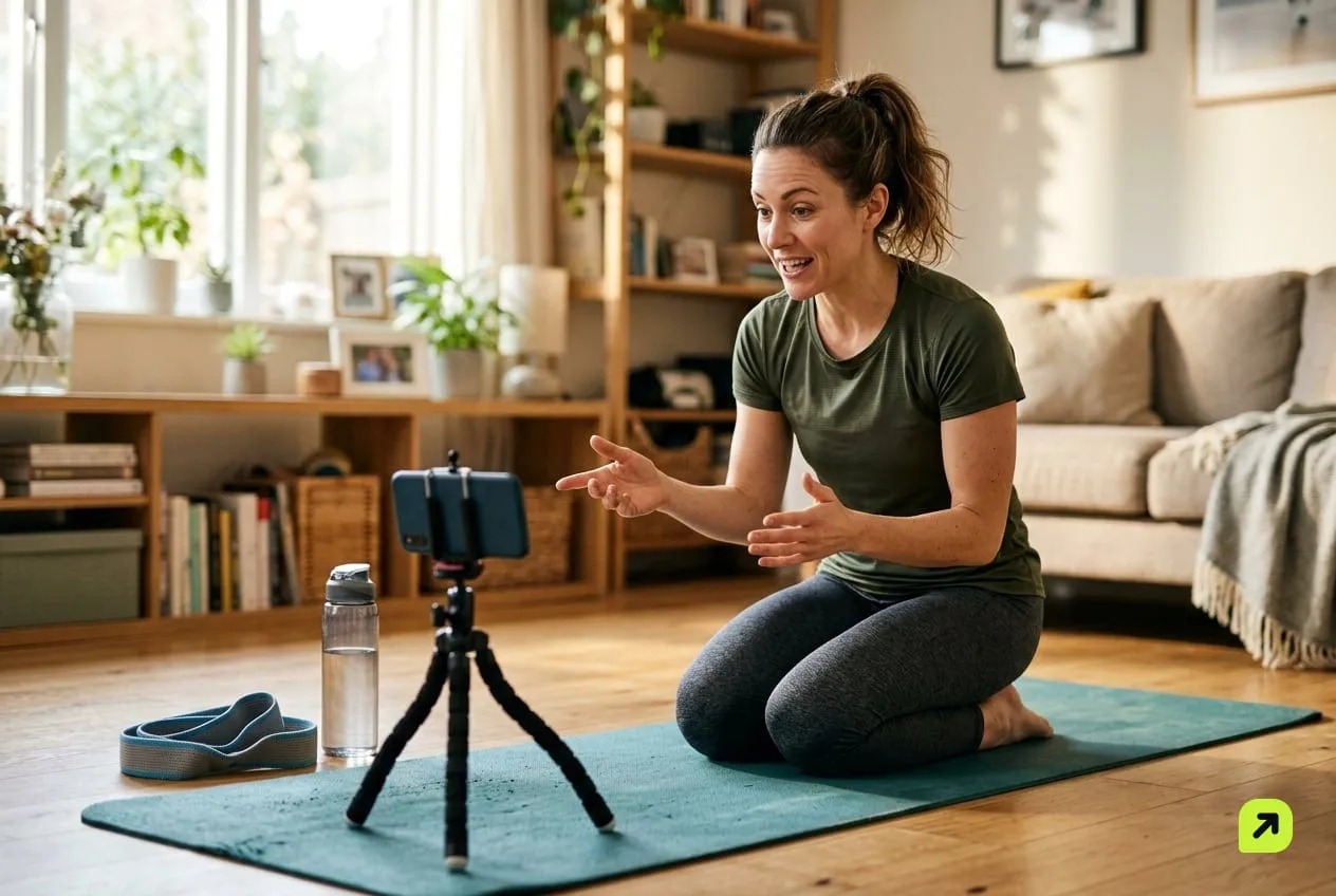 Personal trainer on a yoga mat talking to a phone on a low tripod during a home workout stream