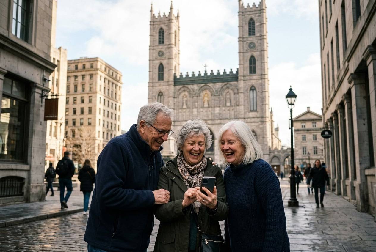 Three older friends in Old Montréal by the Notre-Dame Basilica, looking at a phone together and laugh at the replies