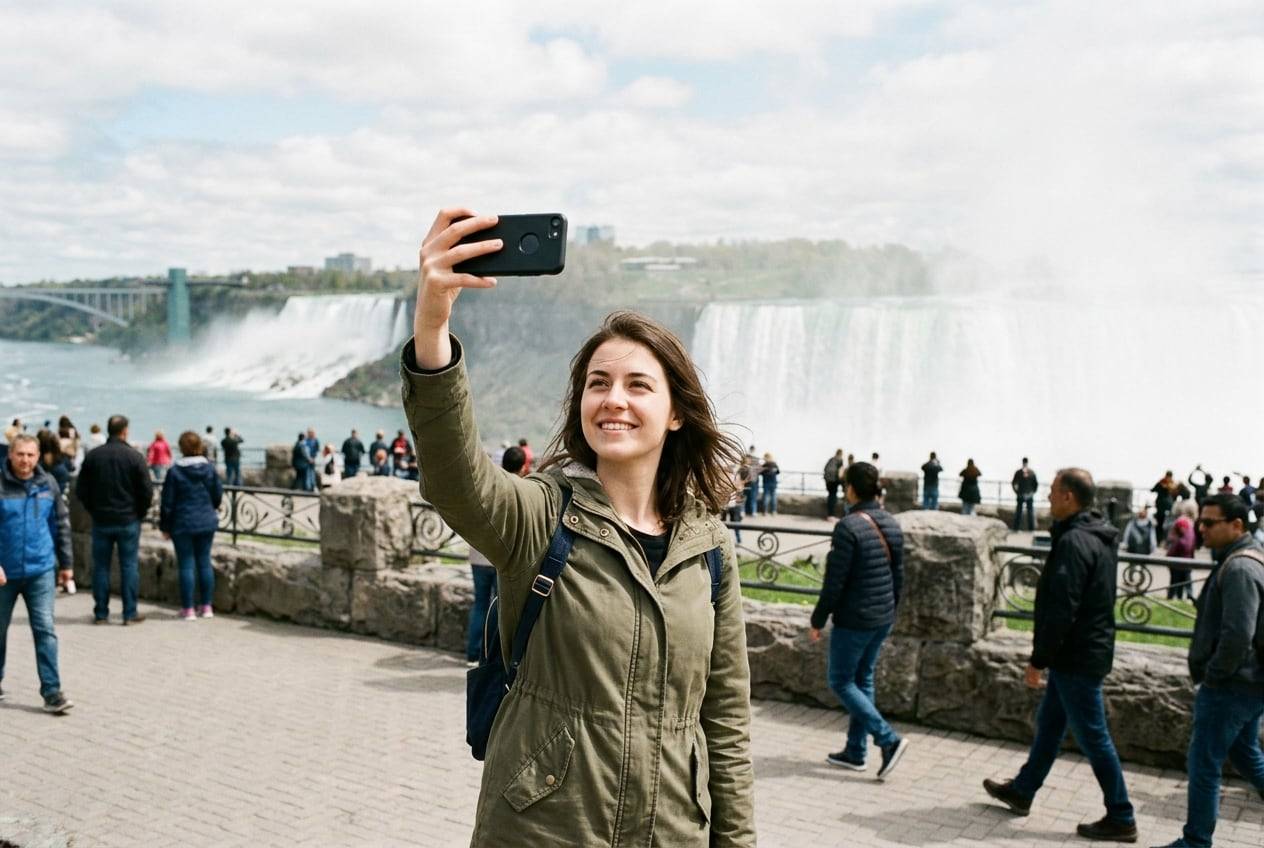 A young woman at Niagara Falls with the falls behind, taking a selfie-style photo for a Instagram profile with a phone held up