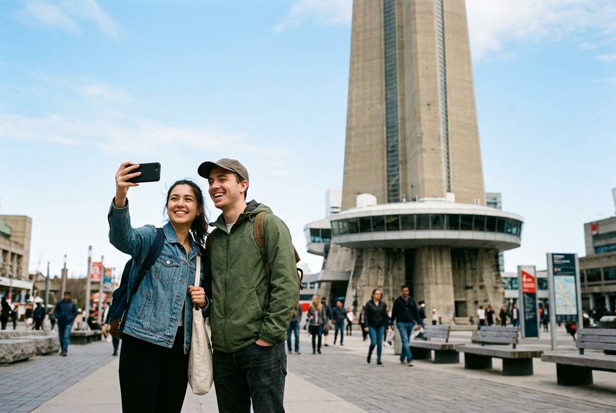 A couple at the CN Tower base, Toronto, photographing the view and each other with a phone for an Instagram post