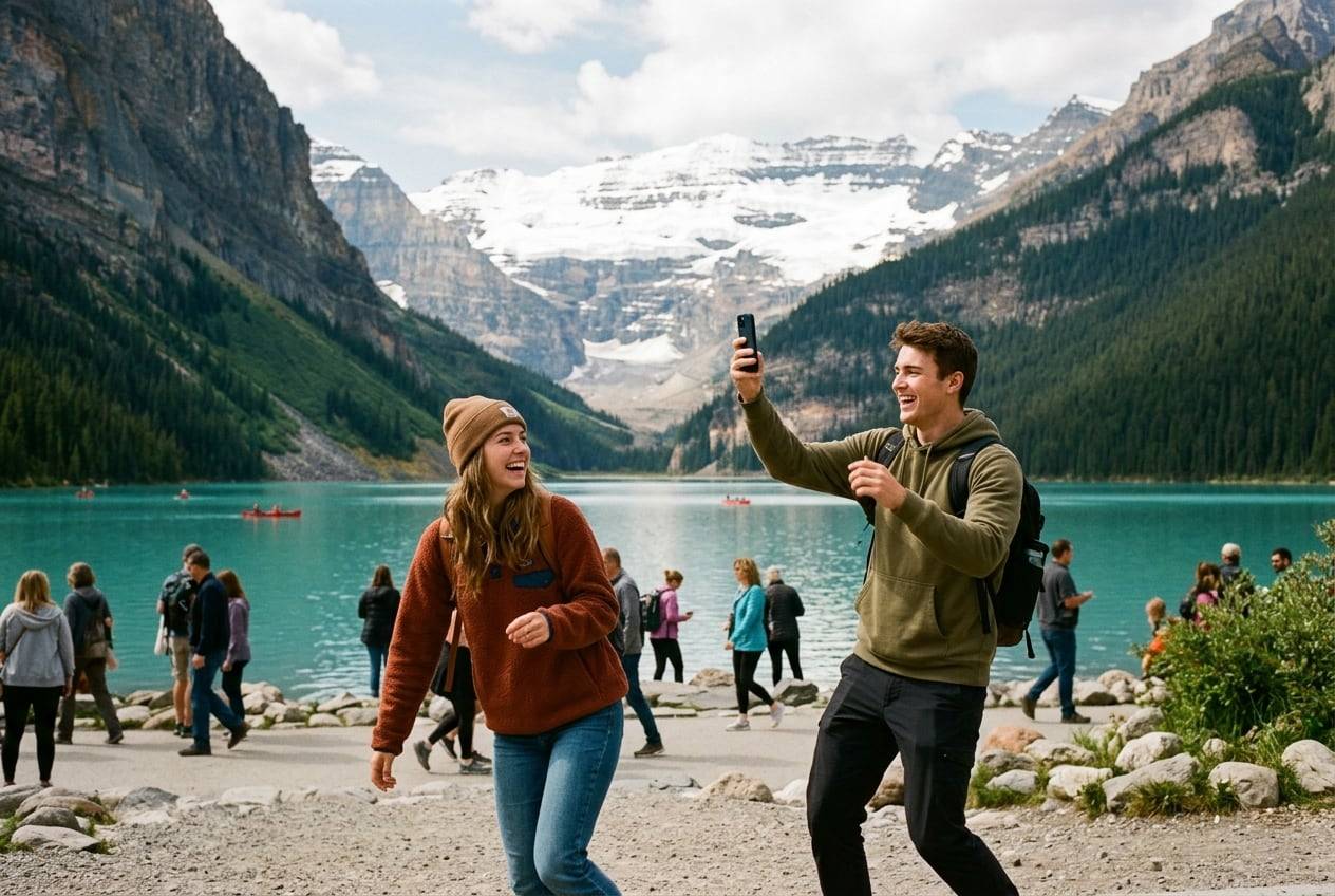 A young man at Lake Louise, Banff, turquoise water behind, filming a short vertical Reel with a phone, one of them mid-movement