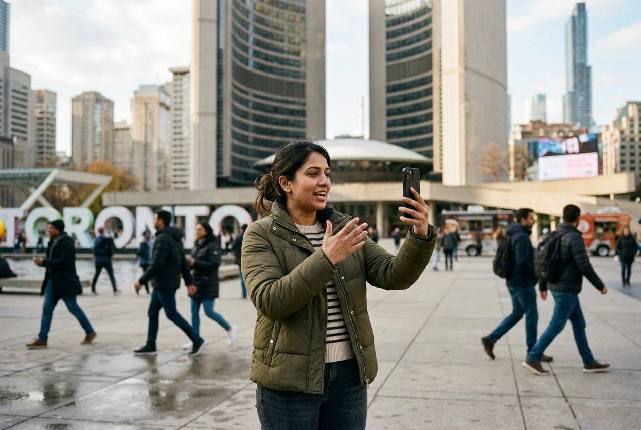 A South Asian Canadian woman at Nathan Phillips Square, Toronto, recording a vertical TikTok video talking to a phone held at arm's length