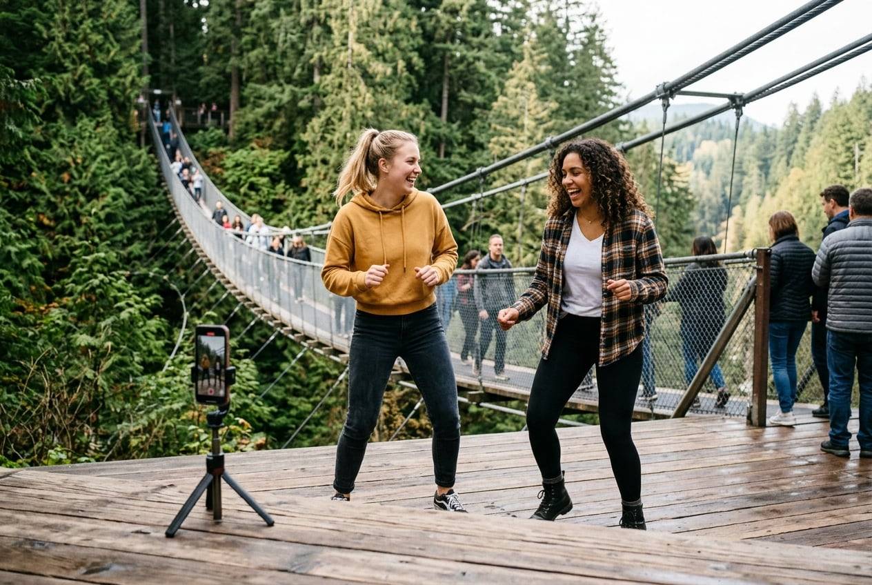 Two friends on the Capilano Suspension Bridge, Vancouver, dancing a TikTok trend together while a phone on a mini tripod records them