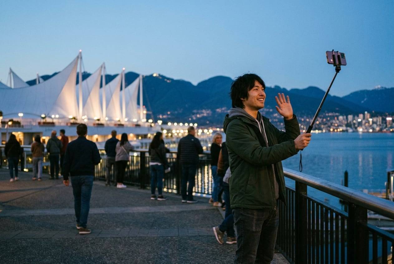 A young man at dusk at Canada Place, Vancouver, going live on a phone on a selfie stick at dusk, waving at the phone, city lights coming on
