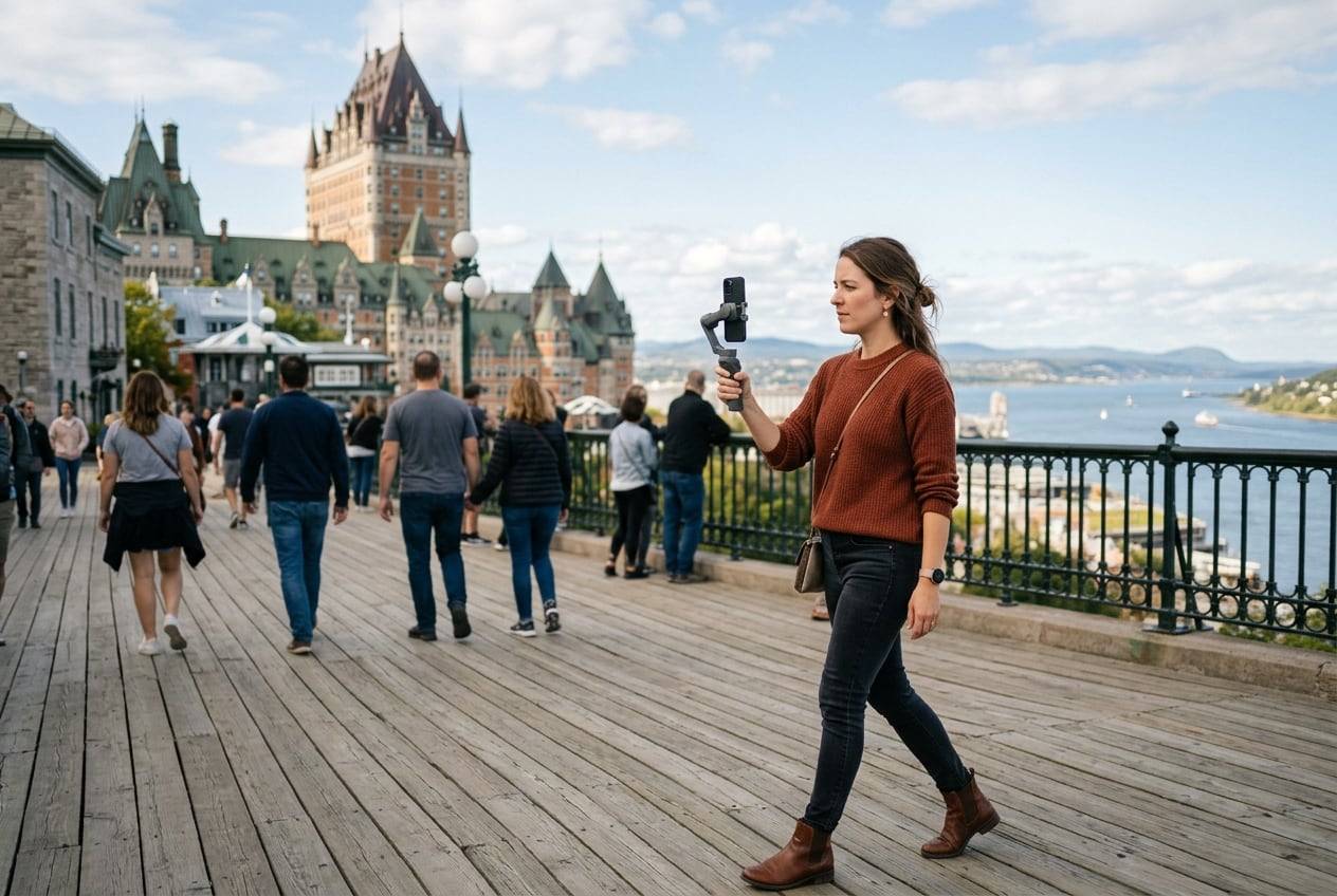 A woman in her 30s at Château Frontenac, Québec City, filming a vertical video with a phone gimbal while walking
